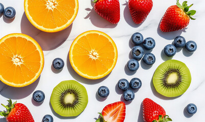 A fresh collection of healthy, juicy red fruits like strawberry, raspberry, and cherry alongside sweet orange, apple, lemon, and kiwi isolated on white