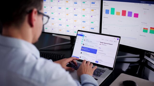 Man Working On Computer, Checking Screen