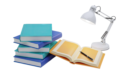 Stack of Books with Desk Lamp and Open Book