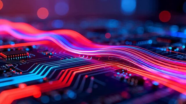 Circuit board with glowing neon lines