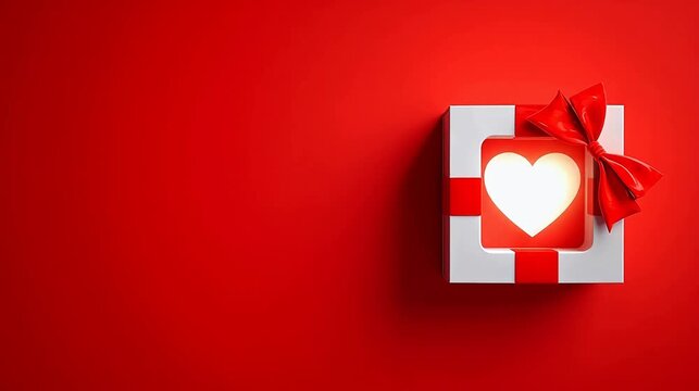 Gift box with glowing heart on red background