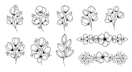 Elegant Hand-Drawn Floral Arrangements and Botanical Elements Set.
