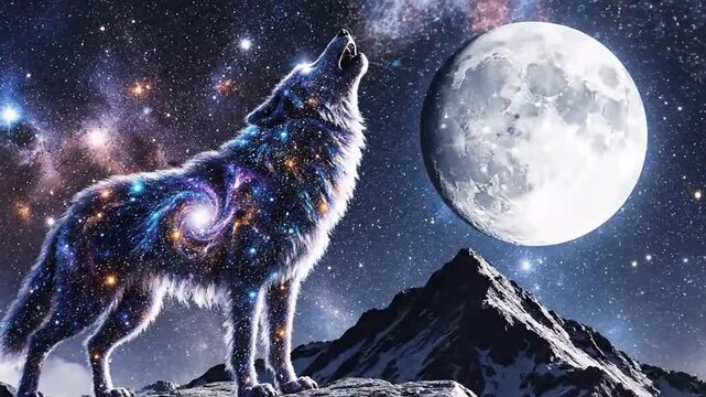 Majestic Cosmic Wolf Howling at Bright Full Moon Under Starry Night Sky.