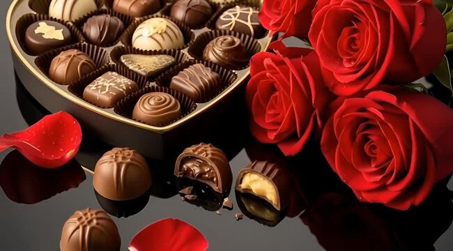 Heart shaped Box of Chocolates and Red Roses for a Romantic Gift