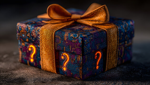 Dark gift box tied with orange ribbon features glowing question marks on sides. Abstract patterns adorn surface, suggesting mystery prize or unknown content. Use for promotions, surprises, or gaming. - Powered by Adobe