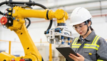 Female engineer in hard hat and safety glasses uses tablet near industrial robot arm