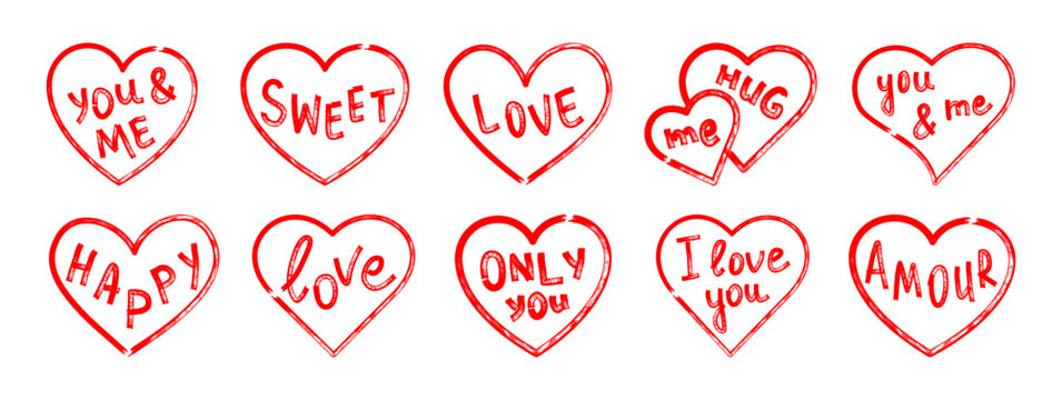 Hand drawn marker heart set with handwritten romantic phrases. Red doodle hearts in expressive childlike style. Vector illustration isolated.