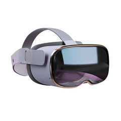VR headset with light-gray frame and metallic accents on a black background