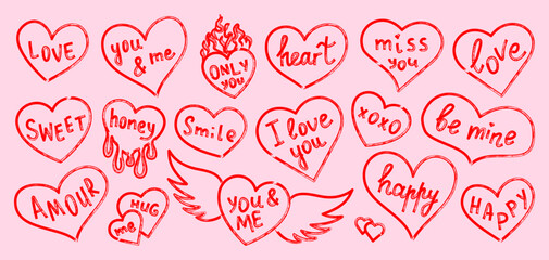Hand drawn marker heart set with handwritten romantic lettering. Playful doodle hearts with love phrases in red ink. Vector illustration isolated on background, expressive childlike style.