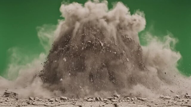 A pile of dirt explodes into a cloud of dust against a green screen background with a dramatic effect.