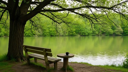 Tranquil Lake with Wooden Deck Under Trees
