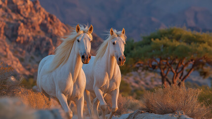 Obraz premium Two Majestic Horses in Golden Light: A stunning portrait of two white horses running freely in a natural terrain. Their flowing manes and tails dance in the wind.
