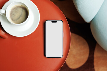Phone Mockup Blank Screen Red Table beside Coffee Cup