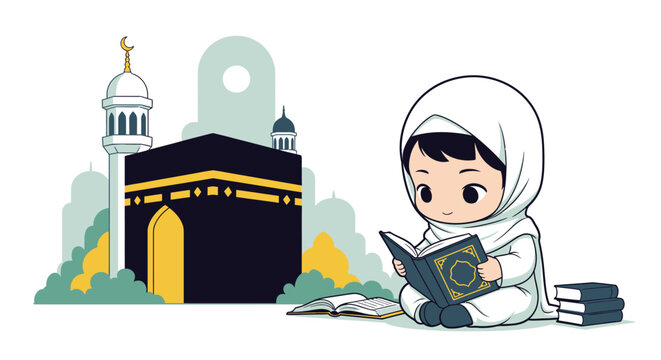 Cute Muslim child studying Quran illustration with Kaaba and mosque background