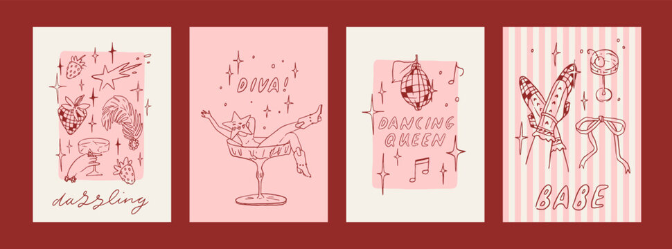 Fun, sexy disco birthday party invitation card collection. Cute Valentine's day trendy whimsical line art poster design set. Fun pink wall art decoration. Vector sparkling hand drawn illustration