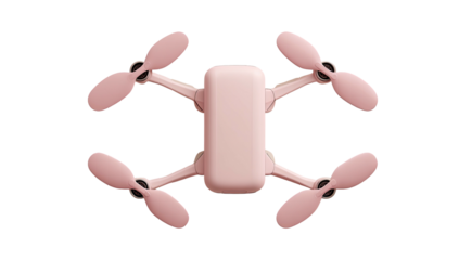 Top-down view of a pink drone with four rotors, isolated on black background
