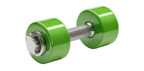 Green dumbbell with chrome grip and ends isolated on a black background