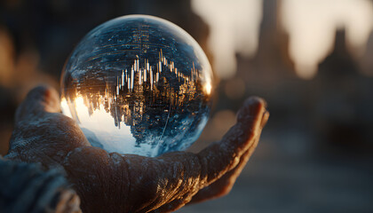 Hand holds crystal ball with stock market chart, cityscape reflection. Financial forecast, investment concept. Business, economy trend prediction with financial graph. Market analysis, investment