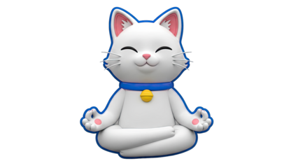 Meditating White Cat with Blue Collar and Yellow Bell