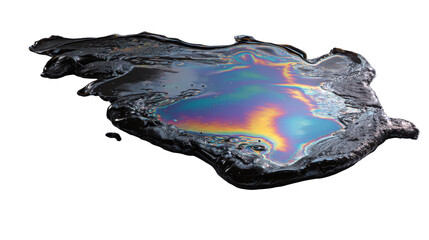 Naklejka premium Crude oil spill forming a colorful iridescent slick on a dark liquid, representing pollution and environmental harm, transparent background