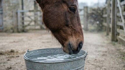 Horse drinks water from metal bucket in a farm setting during cloudy day