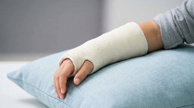 Child resting hand on pillow after receiving medical treatment and care for arm injury in indoor setting