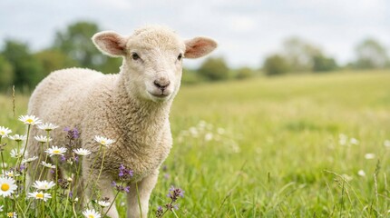 Obraz premium Easter lamb stands in a field with flowers and a standard scale for size comparison on a clear day