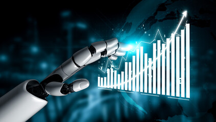 A sleek robotic hand emerges from a futuristic digital environment, engaging with a rising data chart that symbolizes technological advancement and economic growth. Impute