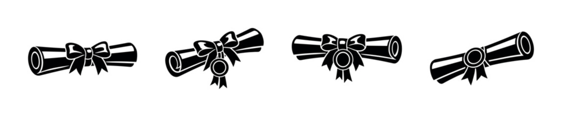 Diploma vector icons set with ribbon, certificate, graduation, achievement symbols