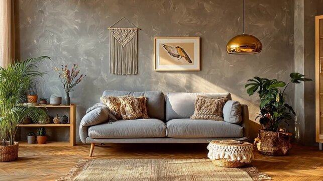 Cozy living room with sofa and plants