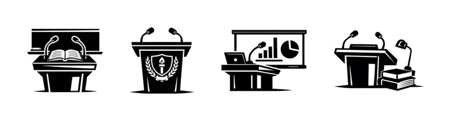 Conference and presentation vector icons set: podiums, microphones, charts