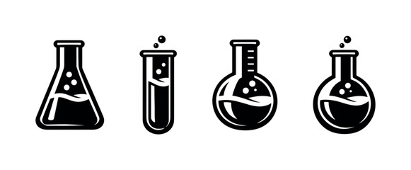 Chemistry lab vector icons set with beakers and flasks in flat science style