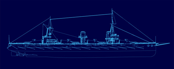 Detailed blueprint of a vintage warship with a visible stern, masts, and sails. The white contour drawing contrasts sharply against the solid blue background. © German Ovchinnikov