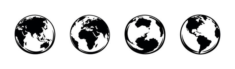 Global map vector icons set featuring earth silhouettes in black and white