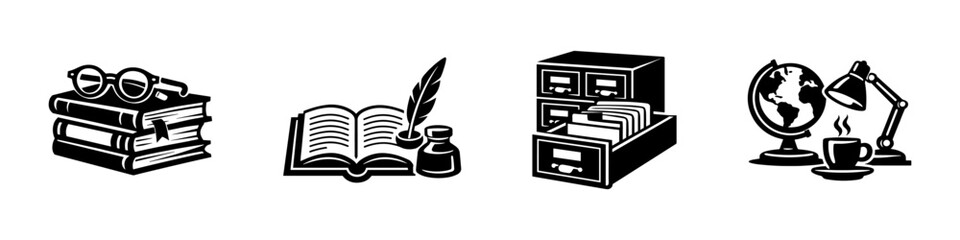 Retro education vector icons set: vintage school, learning, reading symbols