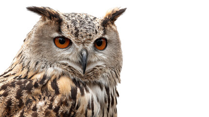 Obraz premium Eurasian eagle owl staring with intense orange eyes presenting wisdom and vigilance, transparent background