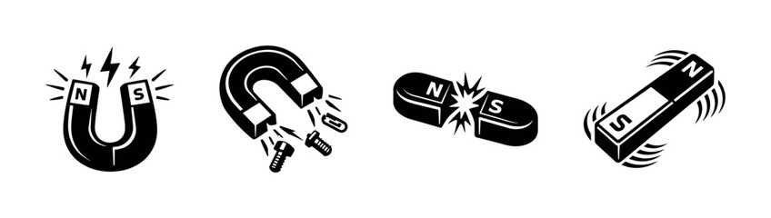 Magnet vector icons set with polar symbols and energy illustrations