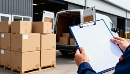 Close-up of a logistics worker holding a blank clipboard, checking inventory near stacked cardboard boxes and an open delivery van.