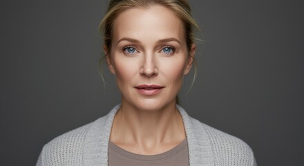 Mature woman with blue eyes and blonde hair, looking directly at the camera with a gentle expression