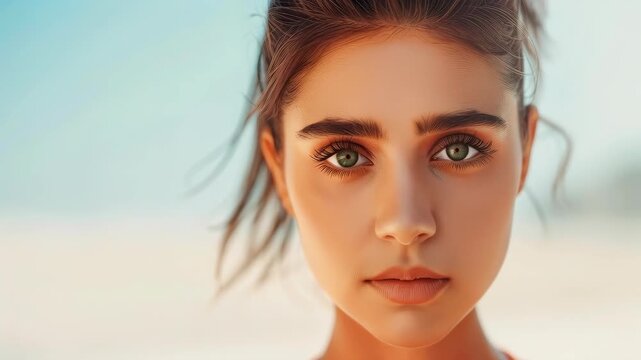 Serene Seaside Gaze: A captivating portrait of a woman, framed against the soft hues of the ocean and the sun-kissed beach. Her gaze holds a depth of emotion.