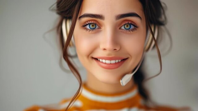 Support Specialist: A friendly support specialist, headset in place, embodies professionalism with a warm smile, ready to offer assistance and solutions, creating a welcoming and helpful environment.