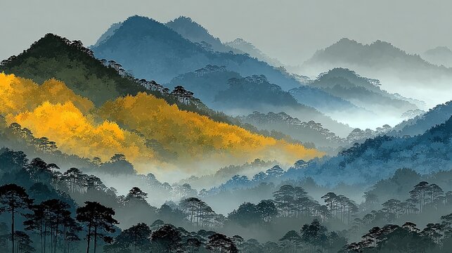 Blue and Yellow Gradient Mountain Background with Watercolor Ink Atmosphere and Energy Lightning