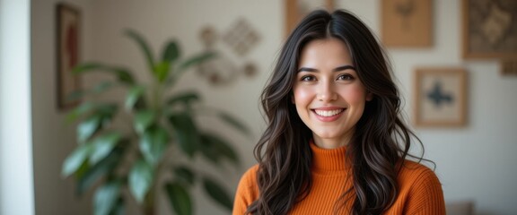 Portrait of Smiling Young Woman in Orange Sweater