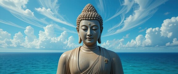 Serene Buddha Statue Overlooking Ocean and Sky