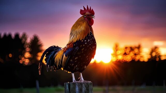 Rooster Crows at Sunrise on Stump in Countryside Farm Setting
