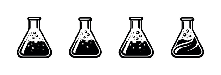 Chemistry flask vector icons set. laboratory glassware, bubbling beakers collection