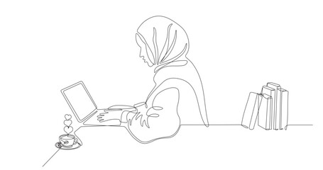 Continuous line drawing of a young professional Muslim business woman using a laptop for work and checking data, on a white background.