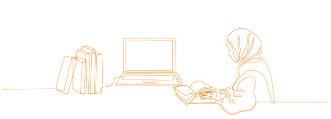 Continuous line drawing of a young professional Muslim business woman using a laptop and writing plans in her notebook