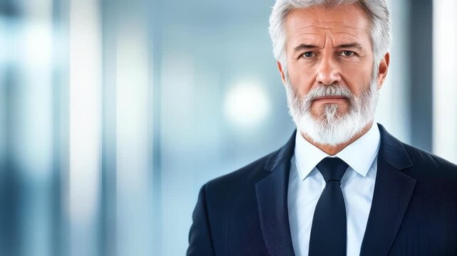Distinguished Businessman's Portrait: A close-up shot of a seasoned, distinguished businessman, gazing with a confident demeanor in a modern office environment.