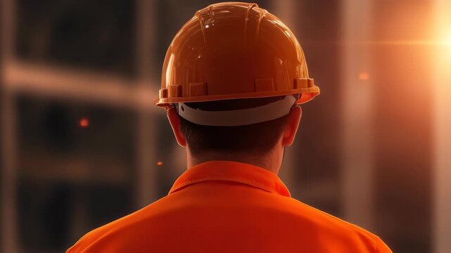 Visionary on the Construction Site: A construction worker, wearing a hard hat, surveys the scene, their gaze set on the future, bathed in the warm glow of the setting sun.